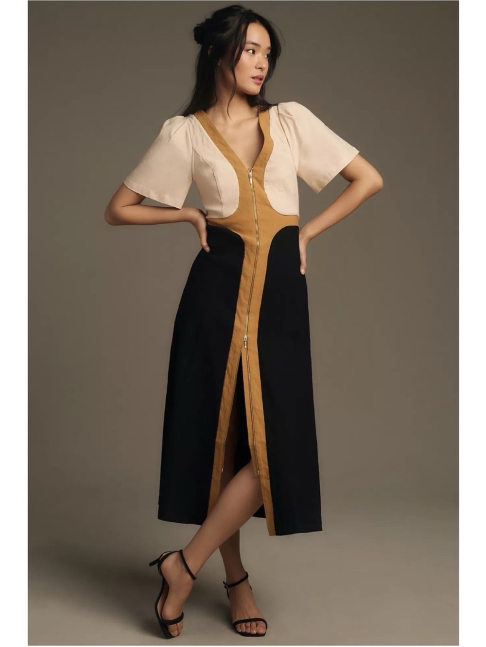 By Anthropologie Tipped Zip-Front Colorblock Midi Dress Size L